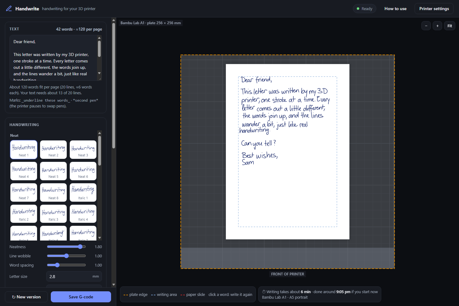 The Handwrite app: text box, handwriting styles and sliders on the left, the build-plate preview with the written page on the right